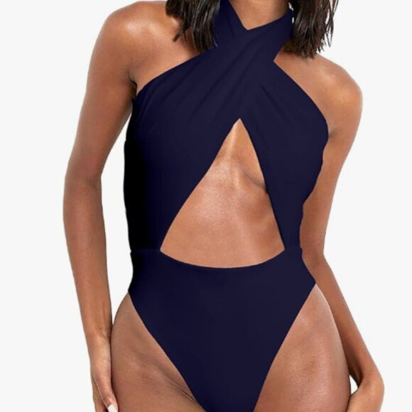 HYPERFIRE Women's Sexy Halter Criss Cross Swimsuit Cut Out One Piece - Picture 2 of 7